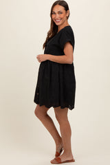 Black Eyelet Button Front Short Sleeve Maternity Dress