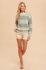 Sage Crew Neck Oversized Two-Tone Stripe Sweater