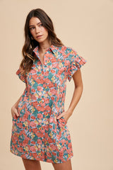 Coral Multi Floral Printed Frill Sleeve Shirt Mini Dress