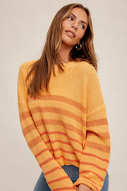 Orange Round Neck Striped Knit Sweater