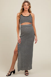 Black Striped Crochet Crop Maternity Swimsuit Cover Up Set