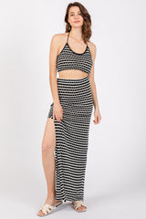 Black Striped Crochet Crop Swimsuit Cover Up Set