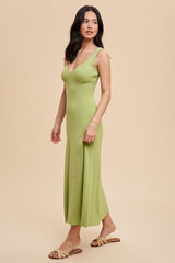 Light Olive Knit Deep V-Neck Maxi Dress