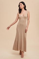 Beige Knit Deep V-Neck Maxi Dress