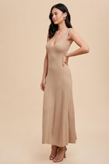 Beige Knit Deep V-Neck Maxi Dress