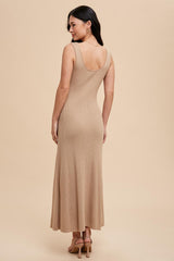 Beige Knit Deep V-Neck Maxi Dress