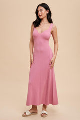 Pink Knit Maternity Deep V-Neck Maxi Dress