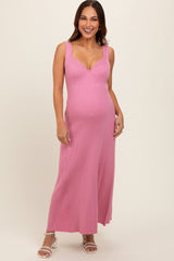 Pink Knit Maternity Deep V-Neck Maternity Maxi Dress