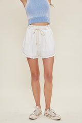 Ivory Drawstring Fringe Hem Shorts