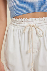 Ivory Drawstring Fringe Hem Shorts