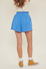 Blue Drawstring Fringe Hem Shorts