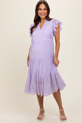 Lavender V-Neck Eyelet Detail Ruffle Shoulder Tiered Maternity Midi Dress