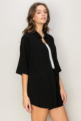 Black Linen Blend Short Sleeve Short Set