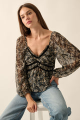 Black Floral Sweetheart Neck Semi Sheer Low Back Blouse