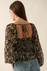 Black Floral Sweetheart Neck Semi Sheer Low Back Blouse