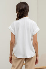 White Short Fold Sleeve Button Down Shirt