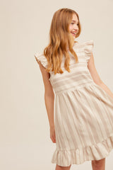 Taupe Flutter Ribbon Tie Back Tiered Stripe Mini Dress