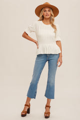 Ecru Flounce Sleeve Peplum Knit Top