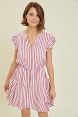 Berry Button-Down Stripe Flare Dress With Lining