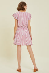 Berry Button-Down Stripe Flare Dress With Lining