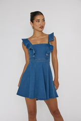 Indigo Square Neck Ruffle Sleeved Denim Mini Dress