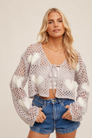 Lavender Heart Pattern Drop Shoulder Open Knit Cardigan