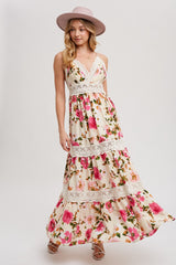 Vanilla Floral Print Tiered Lace Contrast Maxi Dress