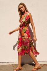 Pink Floral Garden Blouson Slit Dress