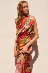 Pink Floral Garden Blouson Slit Dress