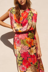 Pink Floral Garden Blouson Slit Dress