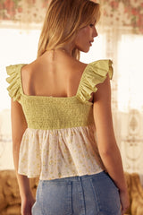 Lime Floral Contrast Smocked Eyelet Ruffle Top