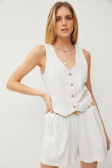 Ivory Stripe Classic Button Down Linen Vest