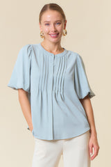 Sage Bubble Short Sleeve Pintuck Button Down Blouse