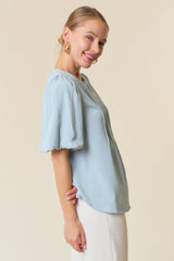 Sage Bubble Short Sleeve Pintuck Button Down Blouse