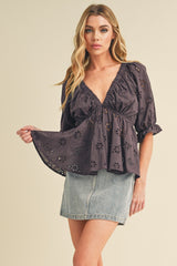 Plum Eyelet Embroidered Top