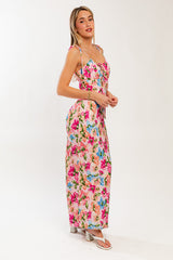 Pink Floral Shoulder Tie Maxi Dress