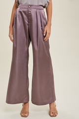 Purple Satin Wide-Leg Pants With Pleated Detail